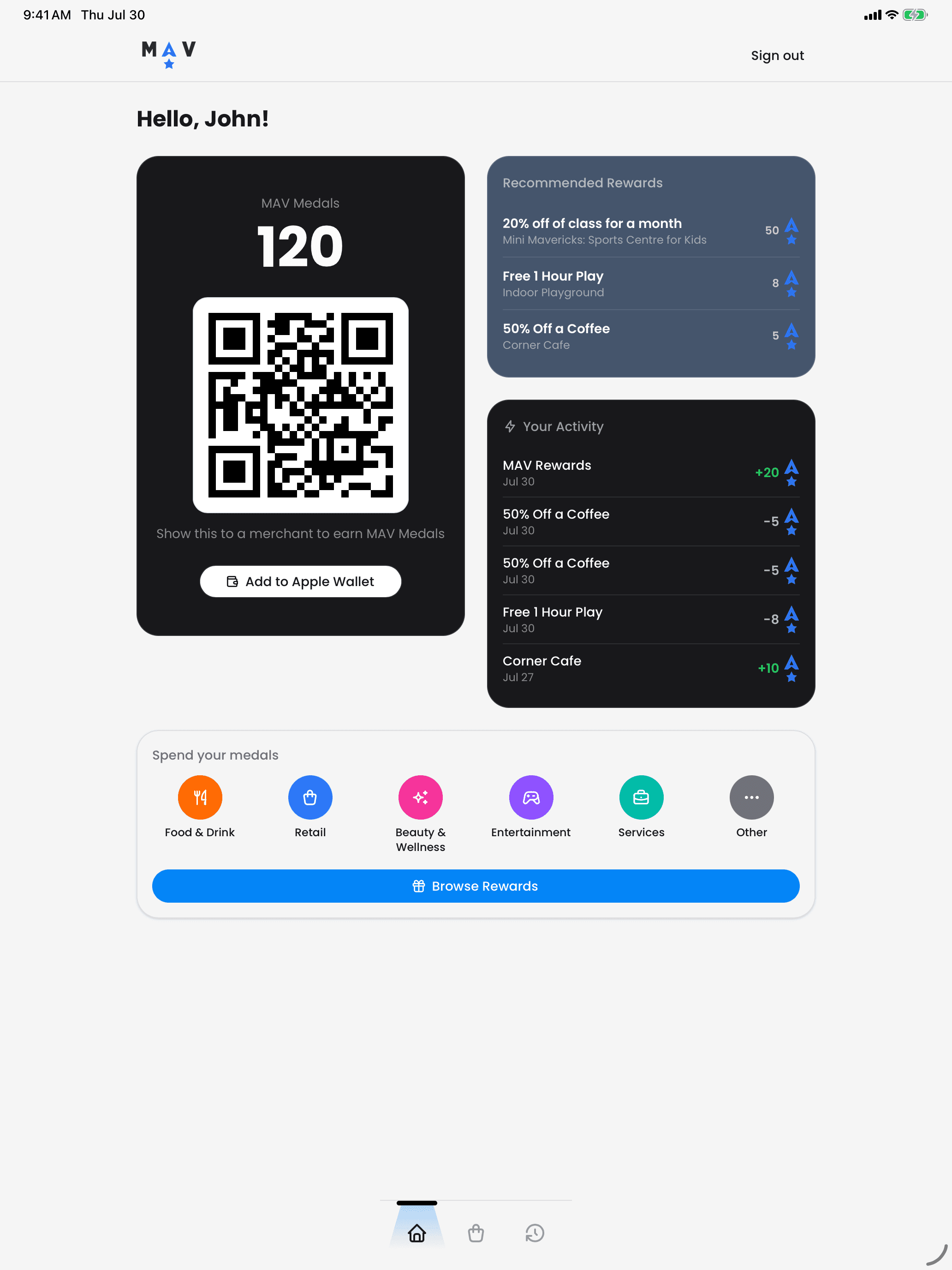 MAV Rewards marketplace on iPad showing available rewards from local businesses