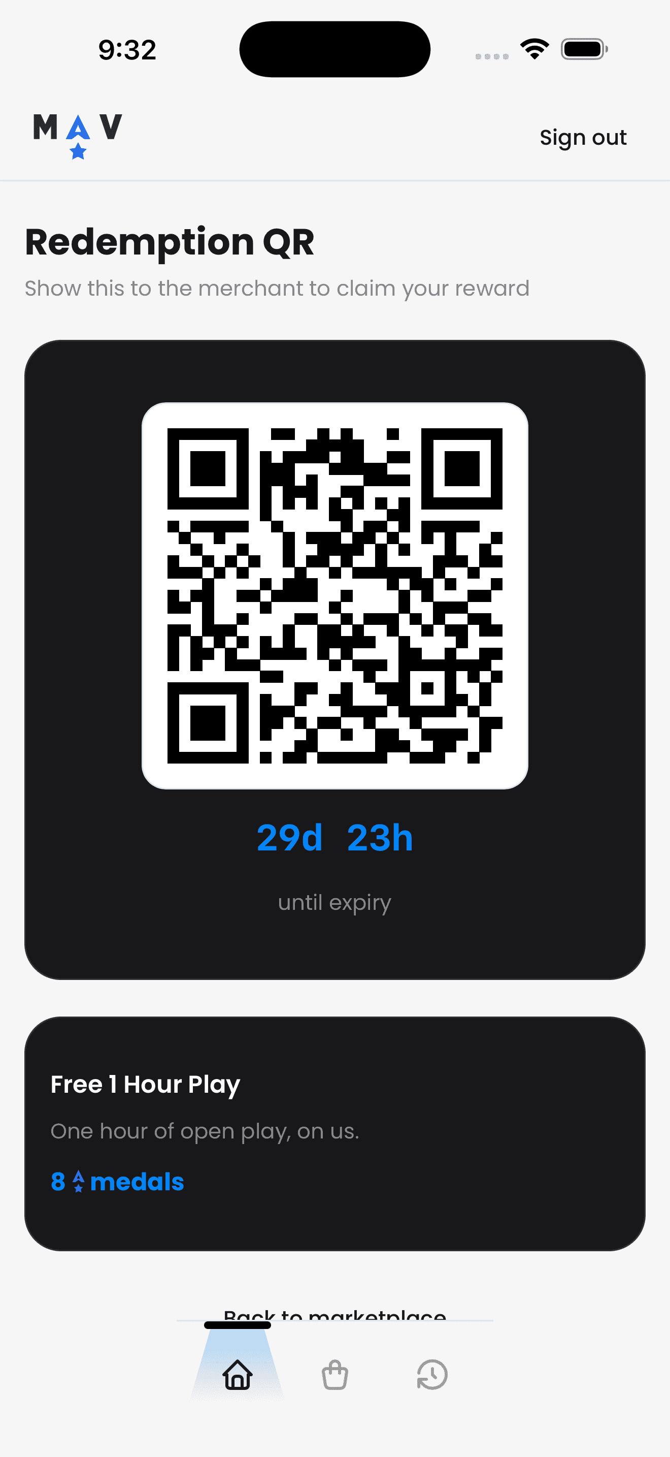 MAV Rewards redemption screen showing a QR code to claim a reward